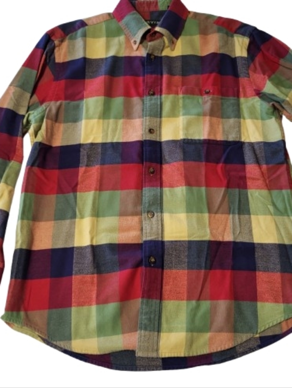 Orvis Autumn Flannel Shirt Warm Hued Plaid Yellow Red Lumberjack Fall Cotton L